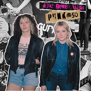 The band members of CAVA super imposed on a collage of pictures from the punk scene
