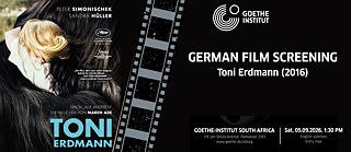 Movie poster for Toni Erdmann, showing a person with light-colored hair leaning into a large, dark furry figure. The poster includes the film title and credits.