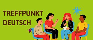 Ilustração de quatro pessoas sentadas em círculo a conversar, com o texto “TREFFPUNKT DEUTSCH” num fundo verde.