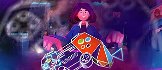 Eine Illustration zeigt eine junge Frau, die einen leuchtenden, geometrischen Game‑Controller gestaltet. Im Hintergrund ist eine stilisierte Stadt vor einem farbigen, futuristischen Himmel zu sehen. Das Bild steht für Kreativität, Game Design und technisches Empowerment junger Frauen.