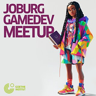 Werbegrafik für das Joburg GameDev Meetup mit einer farbenfrohen illustrierten Figur, die ein Buch hält.