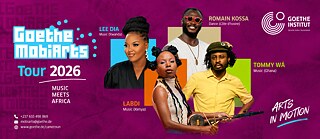Promotional graphic for the Goethe MobiArts Tour 2026, featuring four participating artists, including Kenyan musician Labdi, against a magenta background.