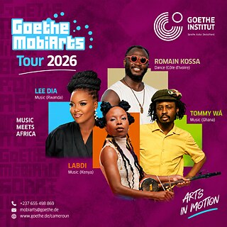 Promotional graphic for the Goethe MobiArts Tour 2026, featuring four participating artists, including Kenyan musician Labdi, against a magenta background.