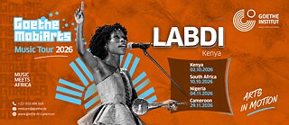 MobiArts Music Tour 2026 poster featuring Kenyan musician Labdi performing with a traditional string instrument, with tour dates for Kenya, South Africa, Nigeria and Cameroon.