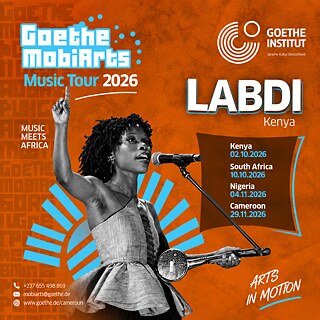 MobiArts Music Tour 2026 poster featuring Kenyan musician Labdi performing with a traditional string instrument, with tour dates for Kenya, South Africa, Nigeria and Cameroon.