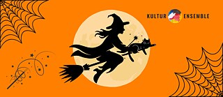 A witch riding on her broom through the sky with a magic wand and a cat