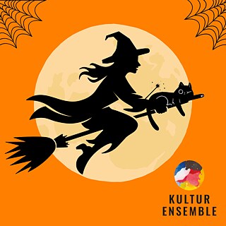 A witch riding on her broom through the sky with a magic wand and a cat