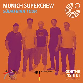 Munich Supercrew band photo for the South Africa Tour 2026, featuring five band members against an orange background.
