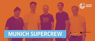 Munich Supercrew band photo for the South Africa Tour 2026, featuring five band members against an orange background.