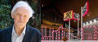 A portraight of a white-haired man, next to an image of an art installation featuring brightly coloured sports equipment
