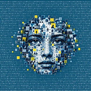 Rappresentazione grafica di un algoritmo con un viso pixelato al centro