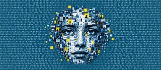 Grafische Darstellung eines Algorithmus mit einem verpixelten Gesicht in der Mitte