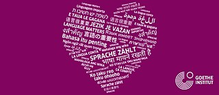 A heart-shaped word cloud featuring the phrase ‘Language matters’ in various languages