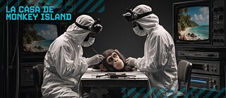 Dos personas con trajes blancos de protección y gafas examinan a un chimpancé sobre una mesa. Al fondo, antiguos televisores muestran una playa tropical.