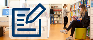 Bibliotheksinnenraum und Grafik zur Umfrage