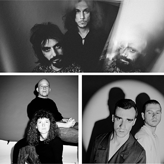 Black-and-white collage featuring three band portraits with dramatic lighting and shadow effects.
