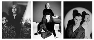 Black-and-white collage featuring three band portraits with dramatic lighting and shadow effects.