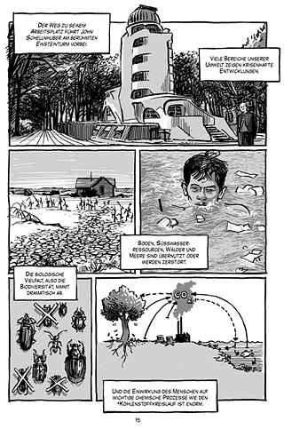 Fragment komiksu „Die Große Transformation. Klima - Kriegen wir die Kurve?“ Jörga Hartmanna i in.