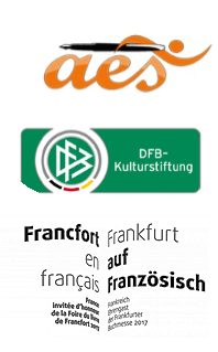 Trois logos : Association des Écrivains Sportifs (AES), Fondation culturelle de la Ligue allemande de Football (DFB-Kulturstiftung) Logo de Francfort en français