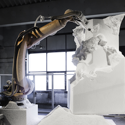 In Davide Quayola’s “Sculpture Factory” series, industrial robots create sculptures inspired by Michelangelo in real time in the art gallery. So generating art becomes part of the installation itself. 