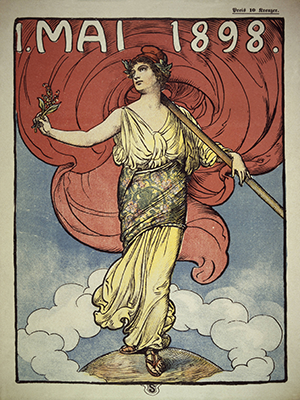 Titelblatt der österreichischen Maizeitschrift zum Tag der Arbeit von 1898. Die Titelfigur ist Marianne, das Sinnbild der Französischen Republik. Sie trägt die phrygische Mütze, die auch die Jakobiner während der französischen Revolution trugen.