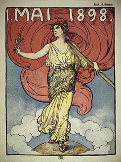 Tapa de la publicación austríaca Maizeitschfrit (Revista de Mayo) con ocasión del Día del Trabajo de 1898. La ilustración representa a Marianne, el símbolo de República Francesa. Lleva el gorro frigio, que usaron los jacobinos durante la revolución.