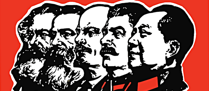 Portret komunistov (od leve proti desni) Karl Marx, Friedrich Engels, Vladimir Iljíč Lenin, Josip Stalin in Mao Cetung.
