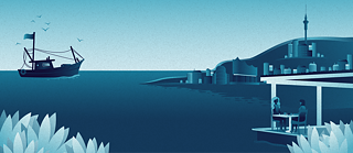Illustration in Blautönen eines Hafens mit Stadtsilhouette und Restaurant. Links ist ein Boot. 