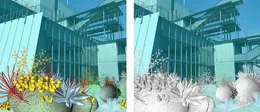 Tamiko Thiel (with /p), <i>Unexpected Growth</i>, 2018. Augmented reality installation, healthy phase (left) and bleached phase (right). Commissioned by the Whitney Museum of American Art