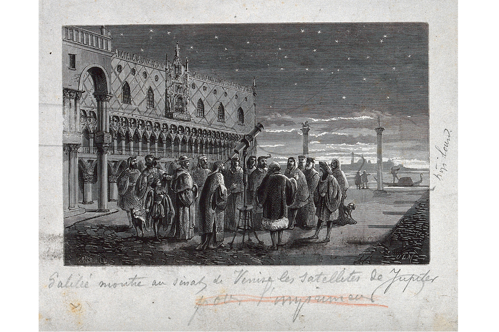 FOTO 1/ Galileo Galilei mit seinem Teleskop auf dem Piazza San Marco, Venedig. Holzschnitt.  