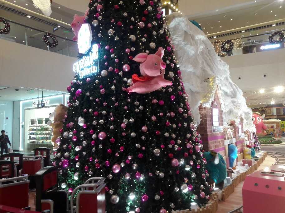 Ein etwas anderer Weihnachtsschmuck: Fliegende Schweine und dahinter der Eisberg