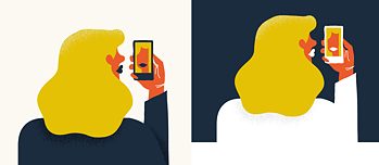 Illustratie: Een vrouw met zwarte kleren neemt een selfie, naast haar dezelfde vrouw met een mobiele telefoon in witte kleren.
