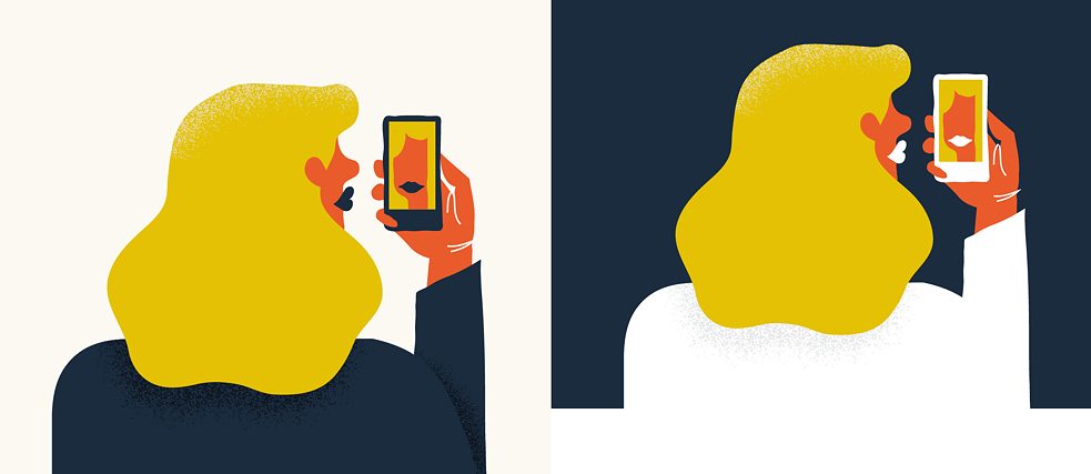 Illustration: Eine Frau mit schwarzer Kleidung macht ein Selfie, daneben die selbe Frau mit Handy in weißer Kleidung