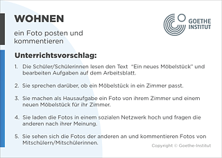 EDDU | Wohnen: Ein Foto posten und kommentieren | 1.  Die Schüler/Schülerinnen sammeln Suchbegriffe für die Recherche ihrer Traumzimmer und Traummöbel. 2. Sie suchen mit ihrem eigenen Instagram-Konto ein Foto ihrer Traumzimmer oder Traummöbel und machen einen Screenshot des Fotos.