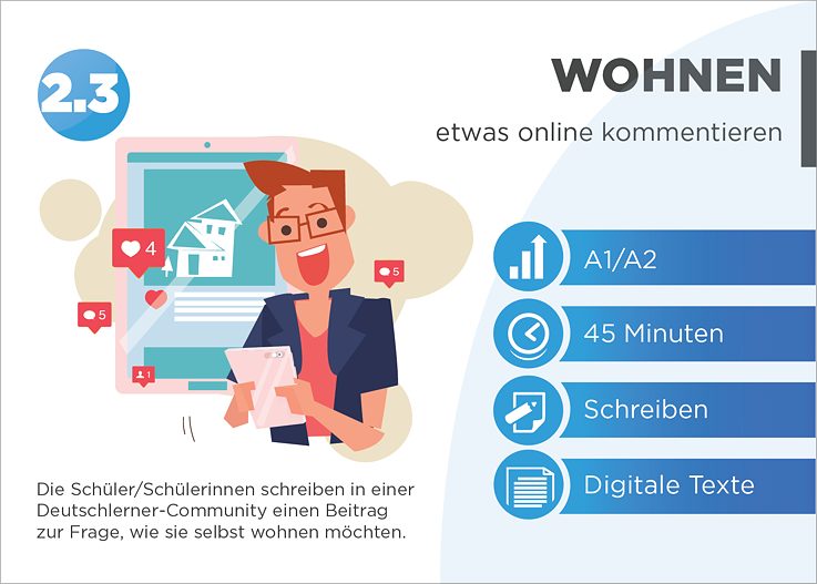 EDDU | Wohnen: etwas online kommentieren | Die Schüler/Schülerinnen schreiben in einer Deutschlerner-Community einen Beitrag zur Frage, wie sie selbst wohnen möchten.
