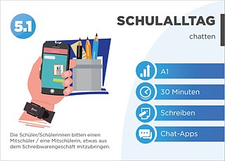 EDDU | Schulalltag: Chatten | Die Schüler/Schülerinnen bitten einen Mitschüler / eine Mitschülerin, etwas aus dem Schreibwarengeschäft mitzubringen.