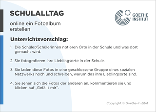 EDDU | Schulalltag: Online ein Fotoalbum erstellen | 1.  Die Schüler/Schülerinnen notieren Orte in der Schule und was dort gemacht wird. 2. Sie fotografieren ihre Lieblingsorte in der Schule. 3. Sie laden diese Fotos in eine geschlossene Gruppe eines sozialen Netzwerks hoch und schreiben, warum das ihre Lieblingsorte sind.  4. Sie sehen sich die Fotos der anderen an, kommentieren sie und klicken auf "Gefällt mir". 