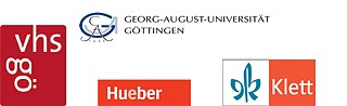 Partnerlogos: VHS Göttingen Osterode, Georg-August-Universität, Hueber Verlag, Verlag Ernst Klett Sprachen