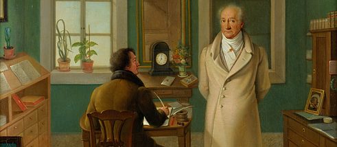 Johann Joseph Schmeller: Johann Wolfgang Goethe diktuje písaři Johnovi ve své pracovně. Olej na plátně, 1834.