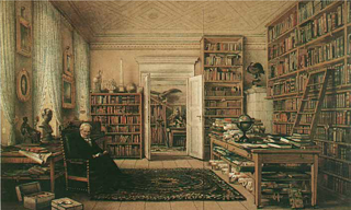 Alexander von Humboldt di perpustakaan di apartemennya di Jalan Oranienburger, Berlin, oleh Eduard Hildebrandt
