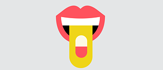 Illustration: Une bouche ouverte avec une pilule sur la langue.