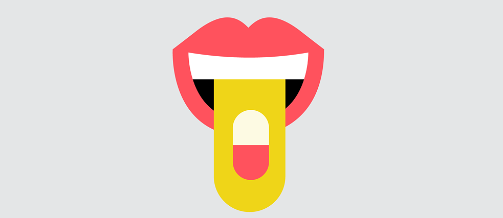 插圖：張開的嘴巴含著膠囊在舌頭上