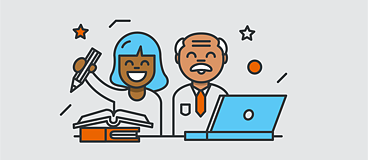 Илюстрация на мъж и жена пред компютър