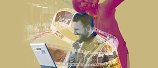 Collage: A man sits at the barber's at his laptop, with a roll of film wrapped around him.