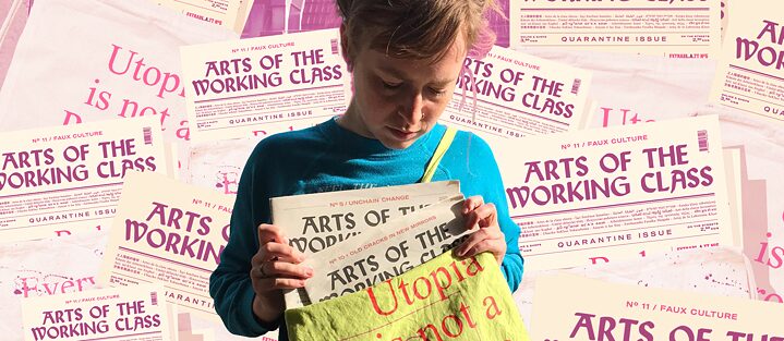 Arts Of The Working Class Special Edition Nr.5: Worlds Of Homelessnes. Eine junge Frau hält die Sonderausgabe der Zeitschrift