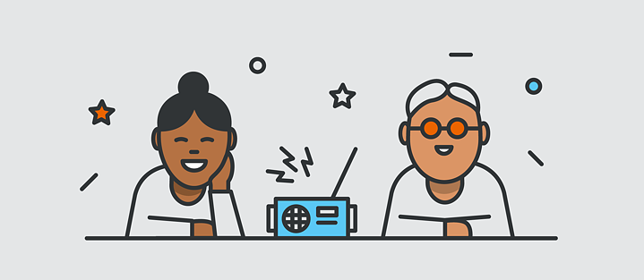 Illustration: Zwei Personen sitzen nebeneinander und hören Radio.