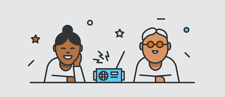 Zeit zuzuhören - 2 Personen sitzen nebeneinander, zwischen ihnen ein Radio