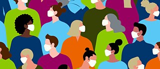 Bunte Zeichnung einer Menschenmenge die Masken trägt