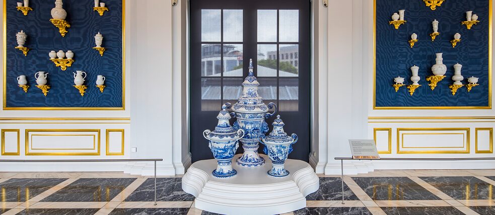 A large collection of early Meissen pieces are on display in the porcelain collection in the Dresden Zwinger museum complex, as here in the newly designed Böttger Hall.