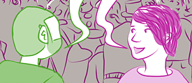 Queer Comic Conversations teaser image, September: Spaces, two comic figures converse with each other